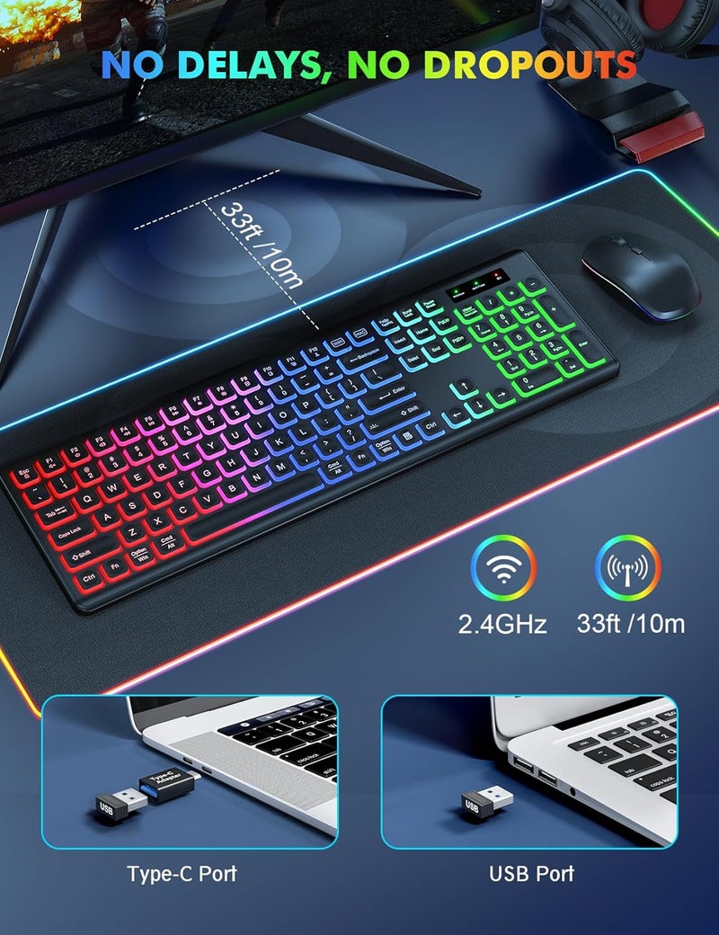Trueque Wireless Keyboard and Mouse Combo, RGB Backlit, Rechargeable & Light Up Letters, Full-Size, Soft Typing, Sleep Mode, 2.4GHz Quiet Keyboard Set for Mac, Windows, Laptop, PC, (Black) - Image 4